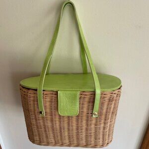 NORDSTROM Straw Wicker Basket Purse Lime Green & Pink Picnic Basket Bag